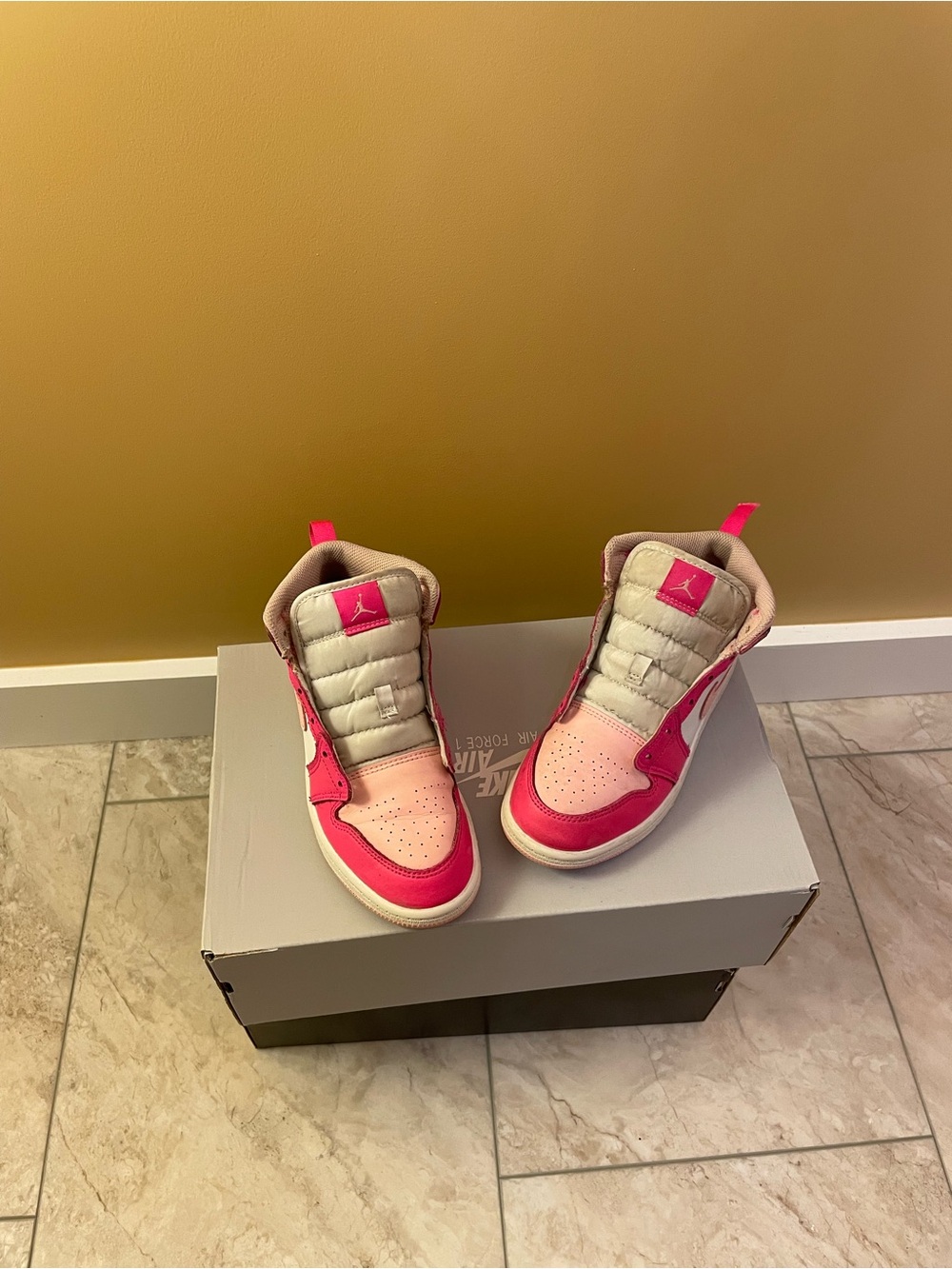 Kids Hot Pink & White High-Top Jordan Sneakers. Youth - Picture 2 of 4